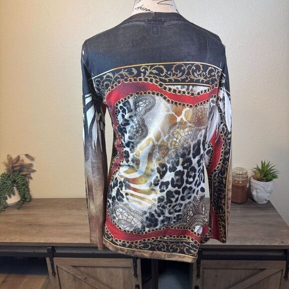 Vintage Cache Y2k Long Sleeve Lightweight Blouse Rhinestone Animal Print Size M - Picture 6 of 10